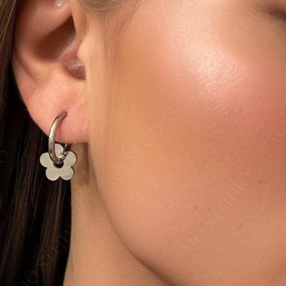 NEW Silver Flower Clover Huggie Hoop Earrings - Picture 3 of 8